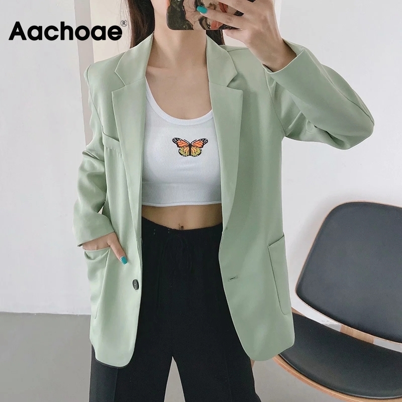 Aachoae Green Color Casual Blazer Women Big Pockets Long Sleeve Jacket Female Notched Collar Office Wear Ropa De Mujer 201114