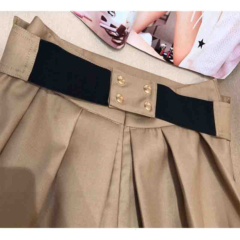 Cosmicchic Autumn Winter Women Solid Color Empire Midi Skirt D Metal Letter High Waist Elegant Aline Pleated Khaki Skirts T200324