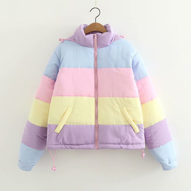 Women's Fresh Rainbow Contrast Short Bread Parkas Winter Zipper Pockets Jacket Women Parka Casual Patchwork Fuffy Female Jacket 201217