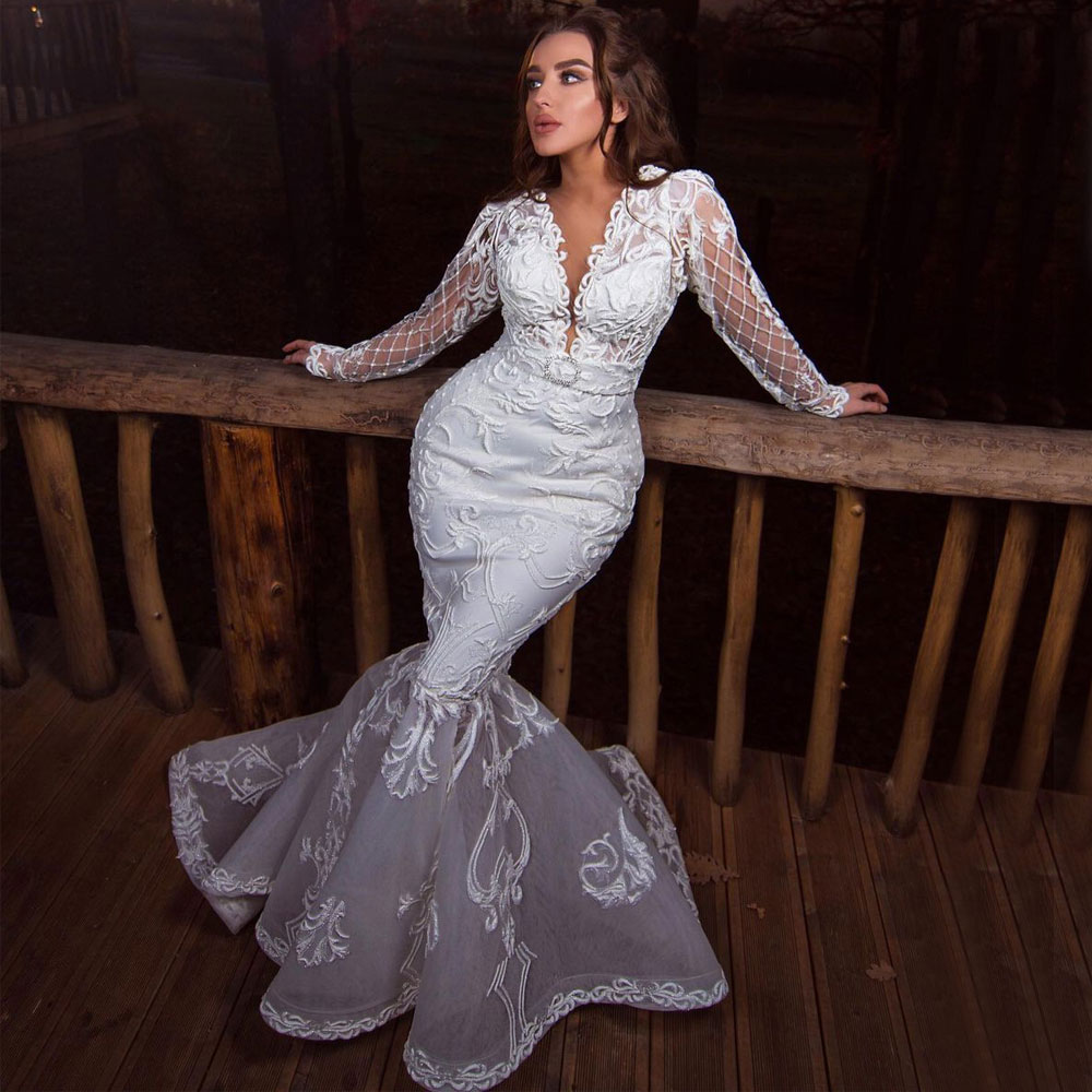 Lace White Mermaid Wedding Dresses Beaded Deep V Neck Appliqued Long Sleeves Bridal Gowns Sweep Train Robe De Marie