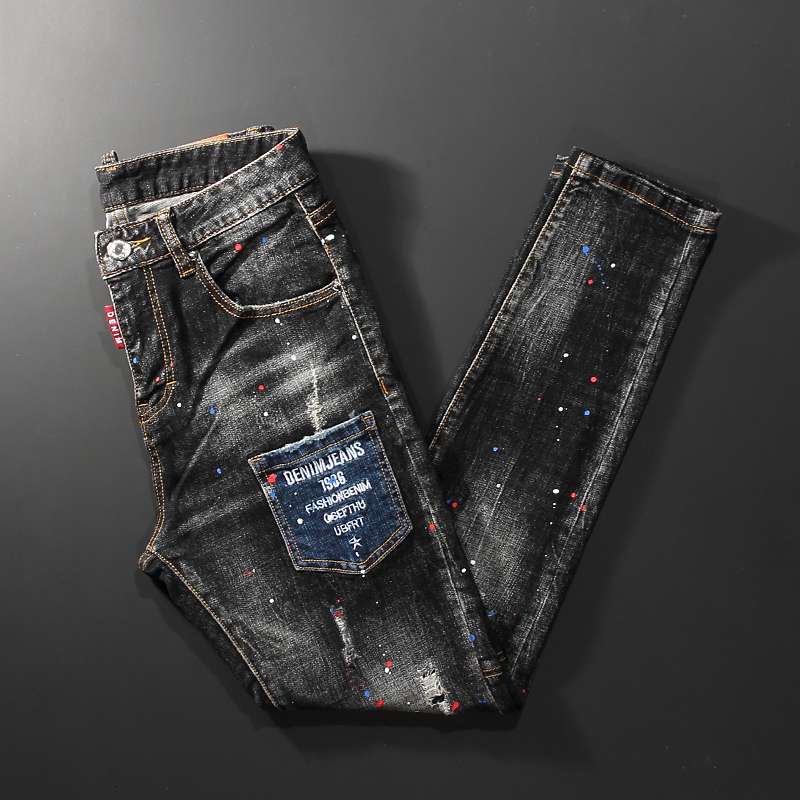 2021 New Fashion Streetwear Men Retro Black Gray Painting Designer Ripped Jeans Patch Pocket Slim Fit Elastic Hip Hop Pencil Pants 3jyz
2021 New Fashion Streetwear Men Retro Black Gray Painting Designer Ripped Jeans Patch Pocket Slim Fit Elastic Hip Hop Pencil Pants 3jyz