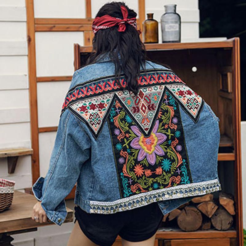 Boho Denim Jacket For Women Autumn Floral Appliques Embroidery Vintage Coat Long Sleeve Outerwear Female Jacket Coatee B025