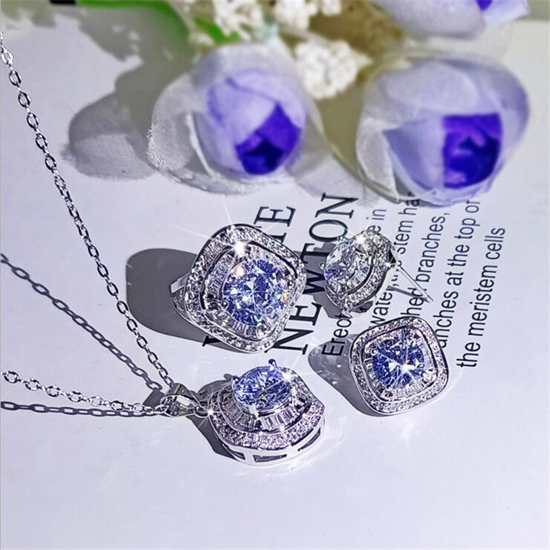 Sparkling Live Luxury Jewelry Set 925 Sterling Silver Round Cut Moissanite CZ Diamond Gemstones Ring Necklace Stud Earring For Lover Gift