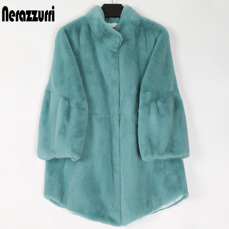Nerazzurri Fluffy loose faux fur coat women flare raglan sleeve Plus size furry jacket fashion autumn winter women clothes 201019