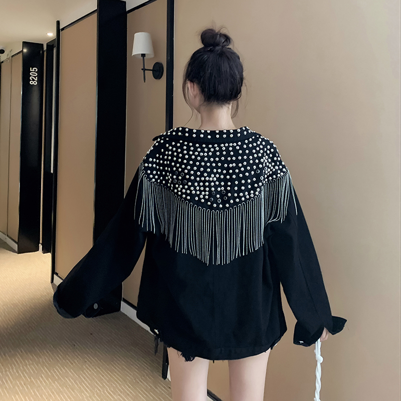 2020 Autumn streetwear women's hand-studded Free rivet Current jeans jacket black coats LGJE
2020 Autumn streetwear women's hand-studded Free rivet Current jeans jacket black coats LGJE
