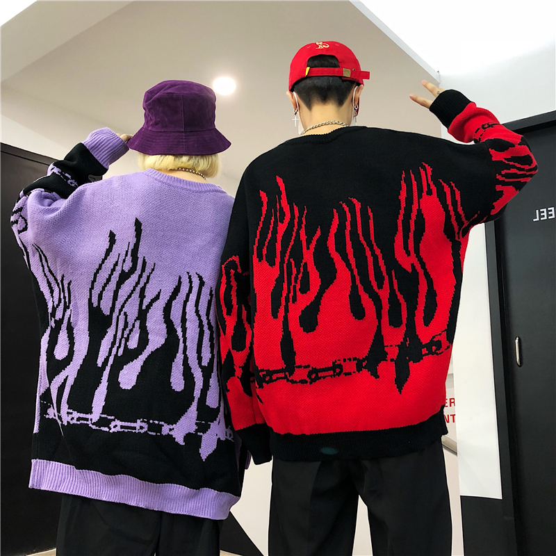 Woherb Oversize Sweater Harajuku Hip Hop Flame Fire Pullover Autumn Winter Man Women Loose Jumper Fashion Unisex Streetwear 201111