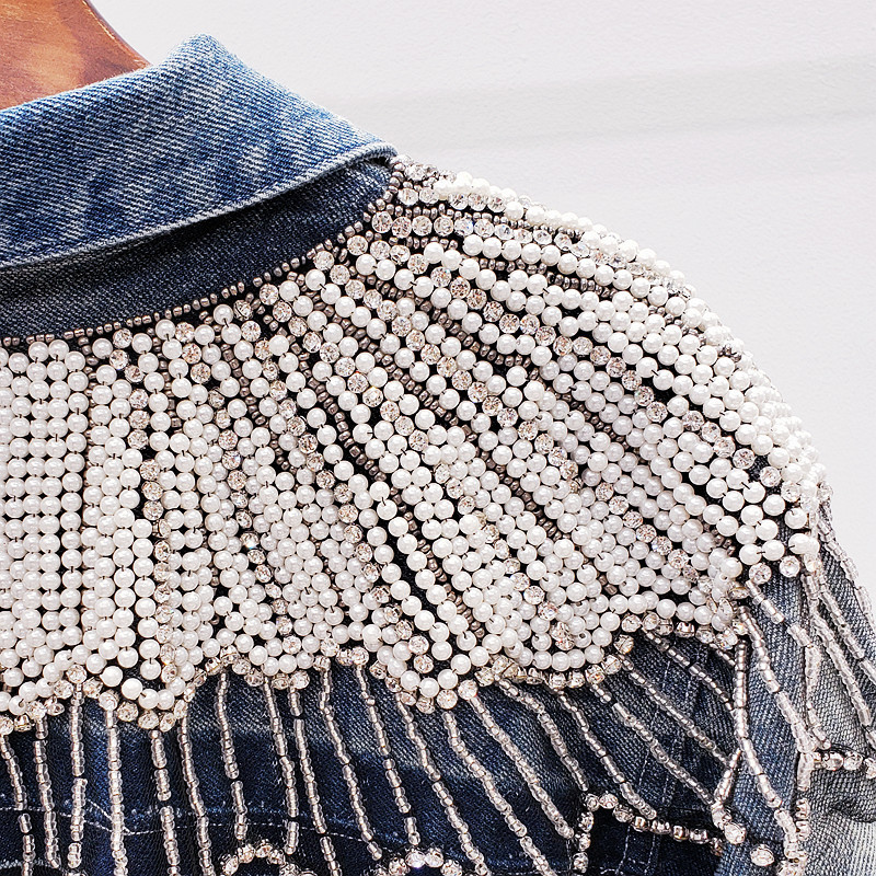 Spring European Patchowrk Industrial Shoulder Diamond Set Beads Cowboy Joint Waist Drawstring Mid-length Trench Coat 201017