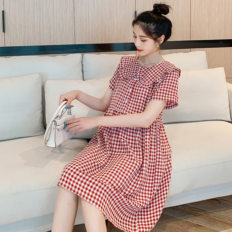 7018# Maternity Clothes Summer Cotton Plaid Short Sleeve fashion Loose Stylish Dress lactation for Pregnant Women Mom Dress LJ201123