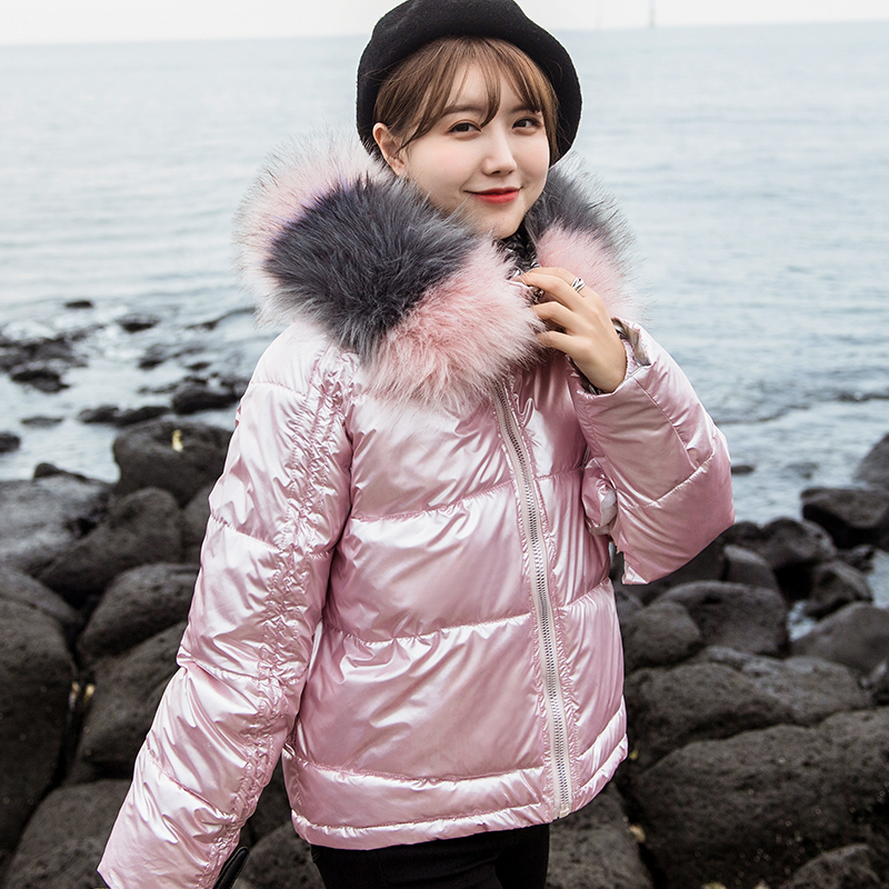 Ly Varey Lin Winter Glossy Parka Women Big Faux Fur Hooded Short Cotton Jacket Warm Thick Loose Gold Silver Bright Side Outwear 201217