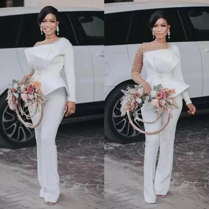 Elegant Beach Bridal Gowns Pant Suit Illusion Long Sleeve Sheer Neck Pearls Bohemian Outdoor Wedding Jumpsuit Dresses Peplum Beaded Bridal Dress