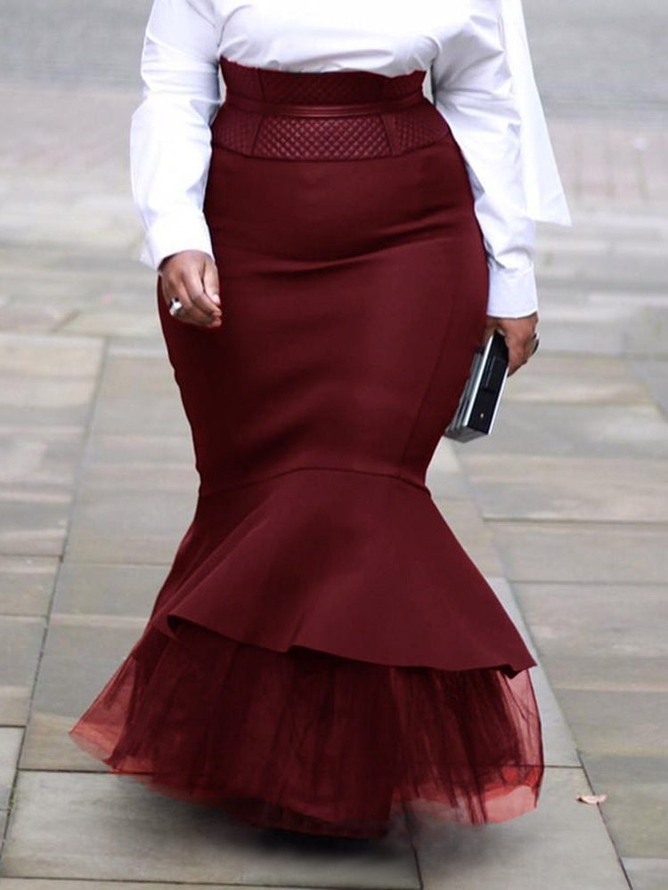 PLUS SIZE High Street Party Elegant Women High Waist Ruffles Side Maxi Skirts Femme Mesh Spliced Flat Mermaid Skirts 2 Color T200618