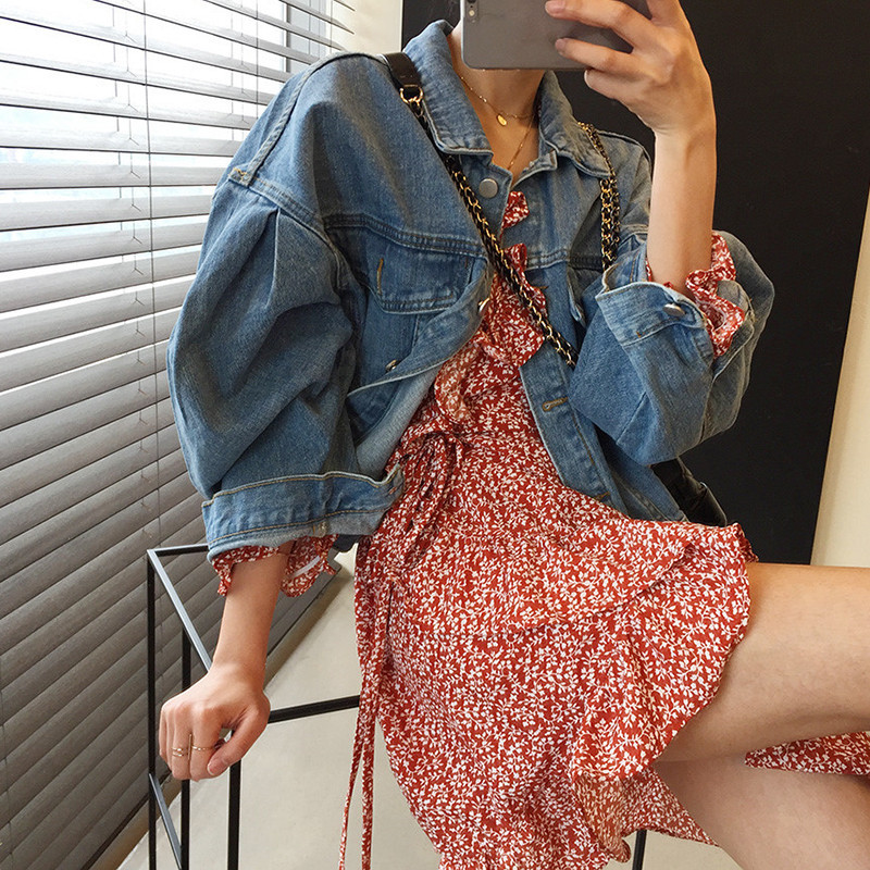 OCEANLOVE Chic All Match Women Jacket Puff Sleeve Short Vintage Spring Chaqueta Mujer Korean Pleated Denim Jacket 14987 201017