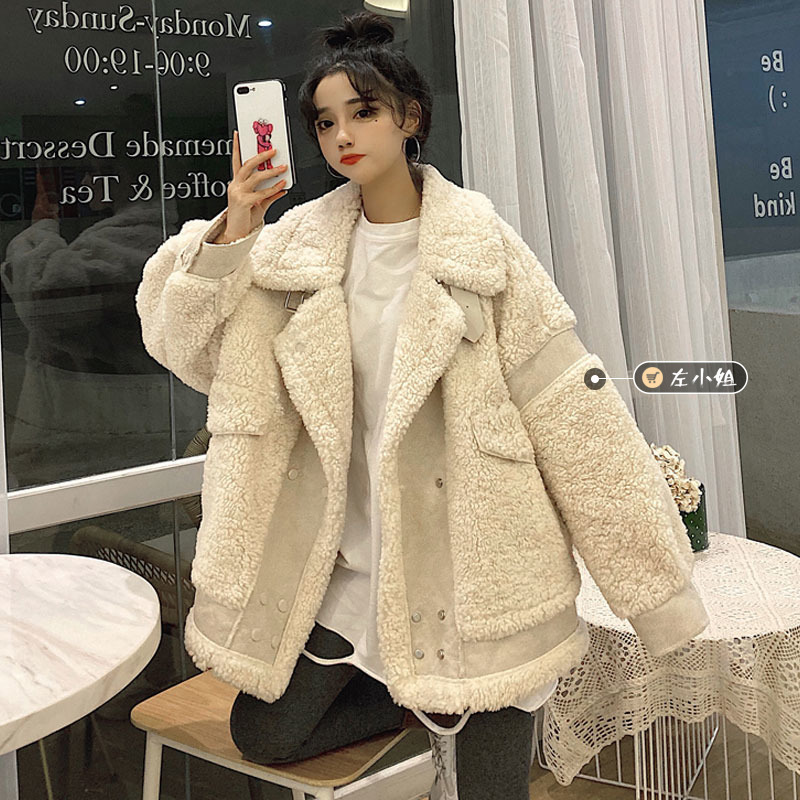 Winter new lamb wool coat female Korean version loose suede fur all-in-one motorcycle jacket jacket 201215