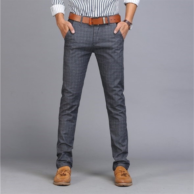 Cotton Linen Slim Fit Formal Plaid Suit Men Skinny Work Pants Office Wear Mens Dress Trousers Khaki Black Grey Blue Y201026