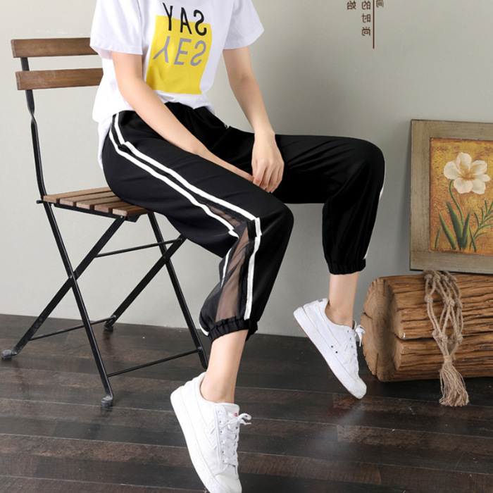 Black Joggers Side Striped Women's Harem Pants High Waist Lace cutout Summer Trousers For Women Casual Loose Sweatpants 5XL 201113