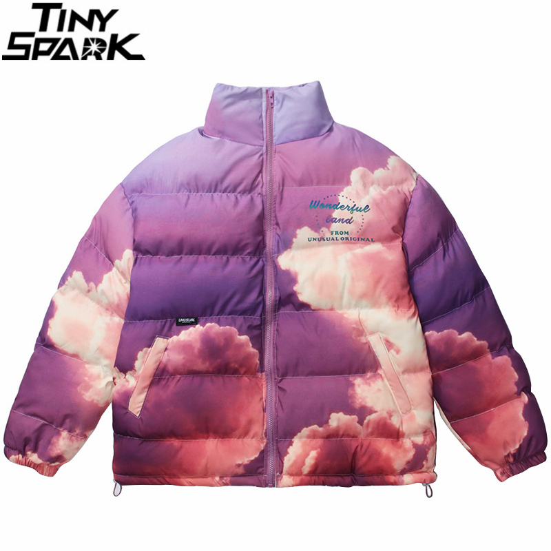Mens Hip Hop Parka Jacket Streetwear Sky Printed Jacket Harajuku Cotton Winter Padded Jacket Coat Warm Outwear Thick 201214
