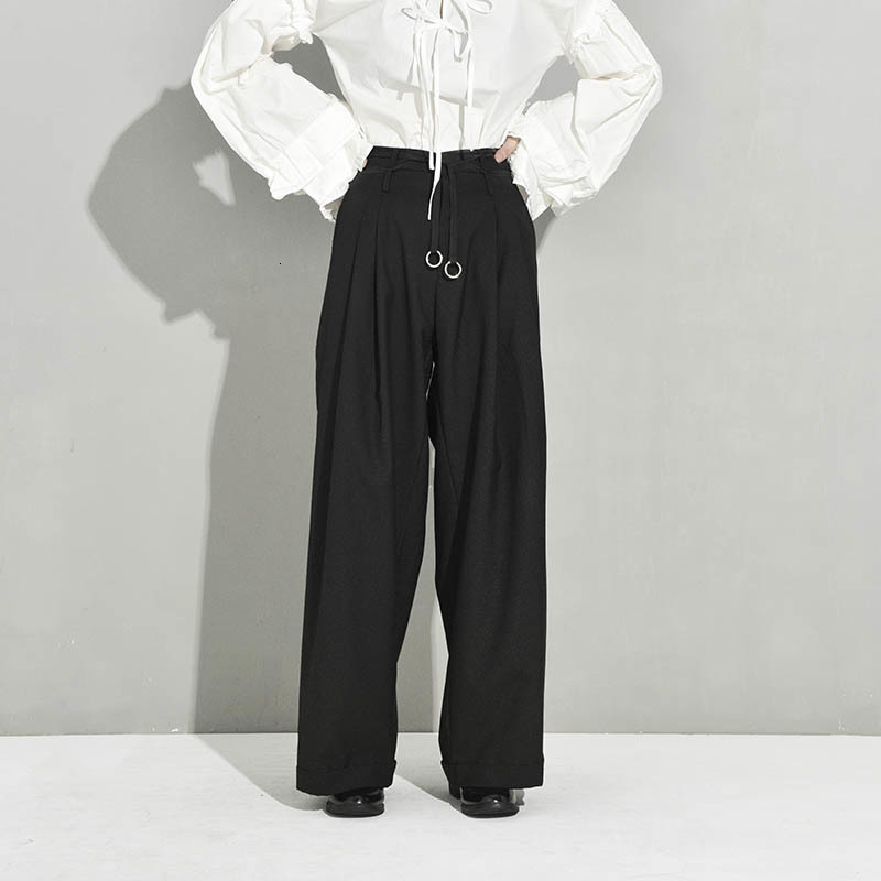 [EAM] High Waist Black Pleated Bandage Long Wide Leg Trousers New Loose Fit Pants Women Fashion Tide Spring Autumn JX39901 201111