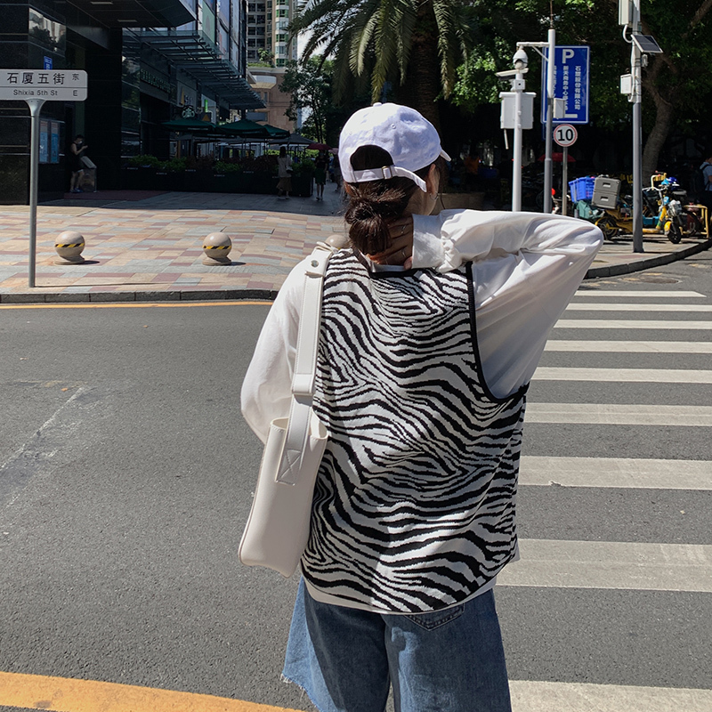 Zebra-Stripe Sweater Vest Women's Short Style Loose Autumn New Korean Style V-neck Sleeveless Sweater 201023