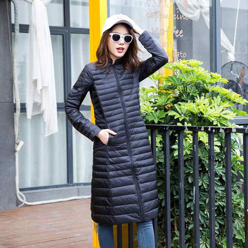 Woman's Ultra Light Down Jackets Stand Collar Slim Knee Length 90% White Duck Down Coats Women Parkas Lady Overcoats JK-7911