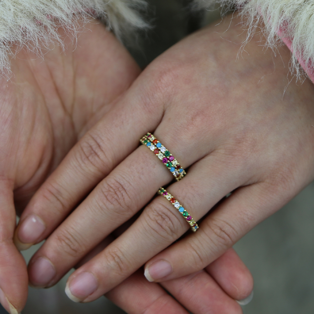 Promotion In Stock Jewelry Thin CZ Eternity Band Gold Plated 925 Sterling Silver Stacking Engagement Band Rainbow Ring