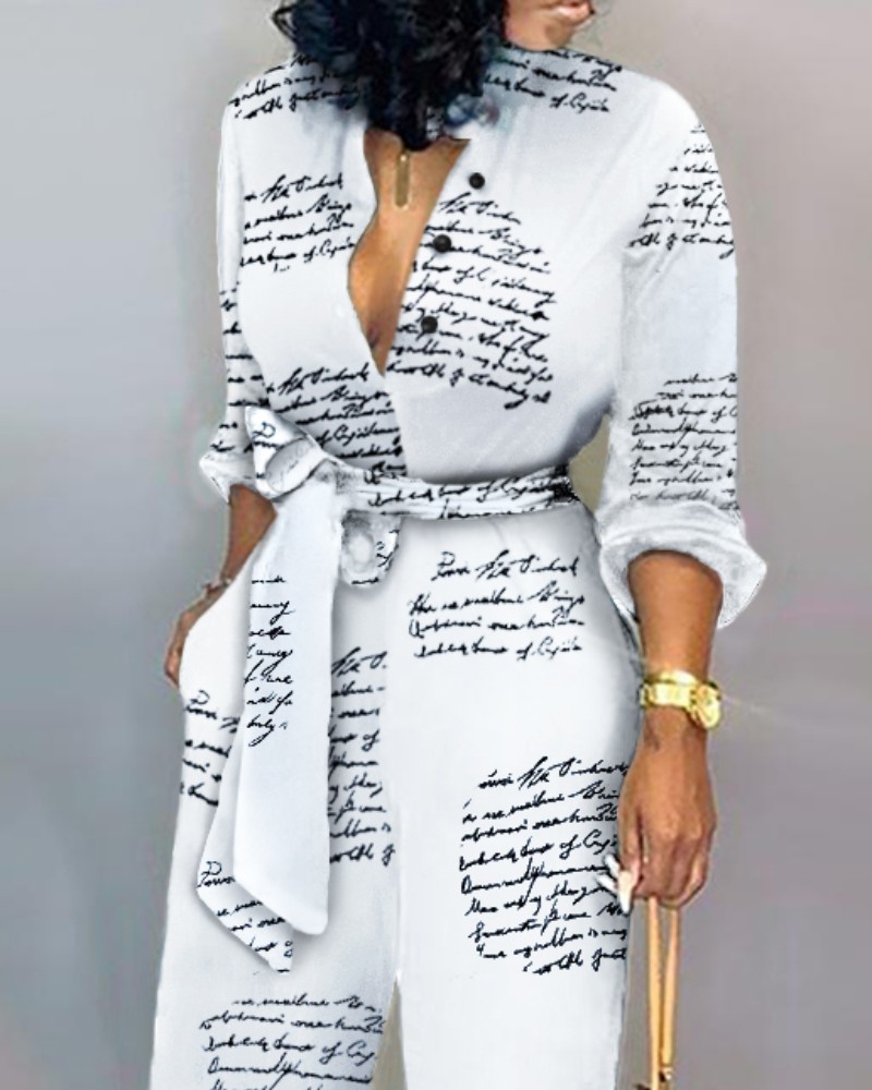 Letter Print Casual Knotted Jumpsuit Long Sleeve High Waist Street Wear Jumpsiut Romper Long Trousers T200107