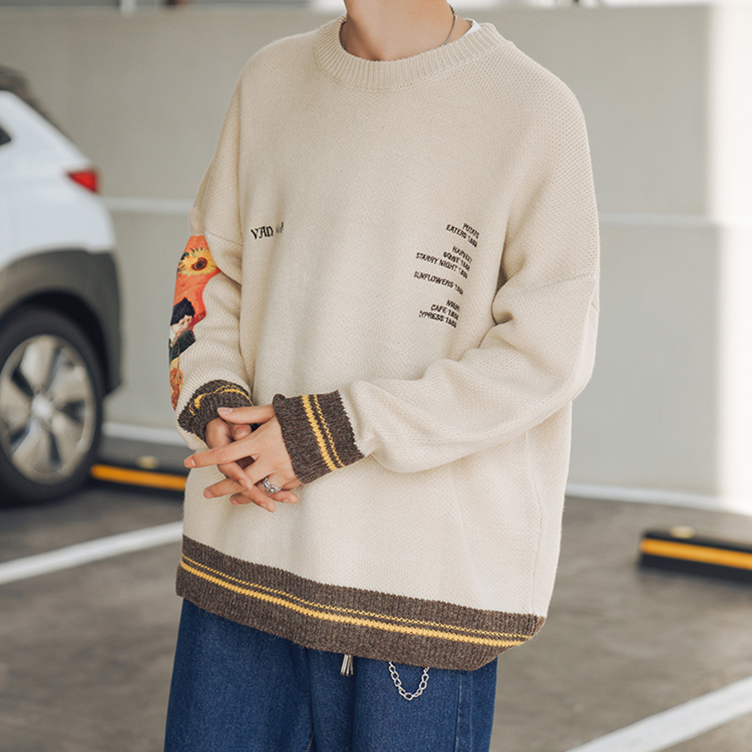Aelfric Eden Hip Hop Sweater Pullover Men Van Gogh Painting Embroidery Knitted Sweater Harajuku Streetwear Tops Casual Pullover 201028