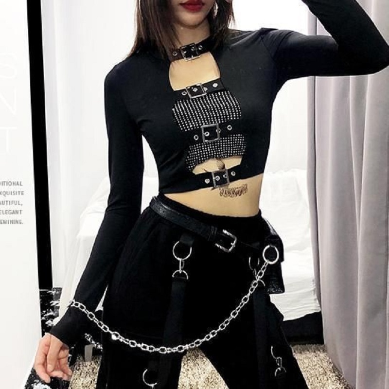 Plus Size Gothic Sexy T-Shirt Women Strap Buckle Front Round Neck Slim Top Long Sleeve T Shirt Tumblr Tops Tee Punk Streetwear 201028