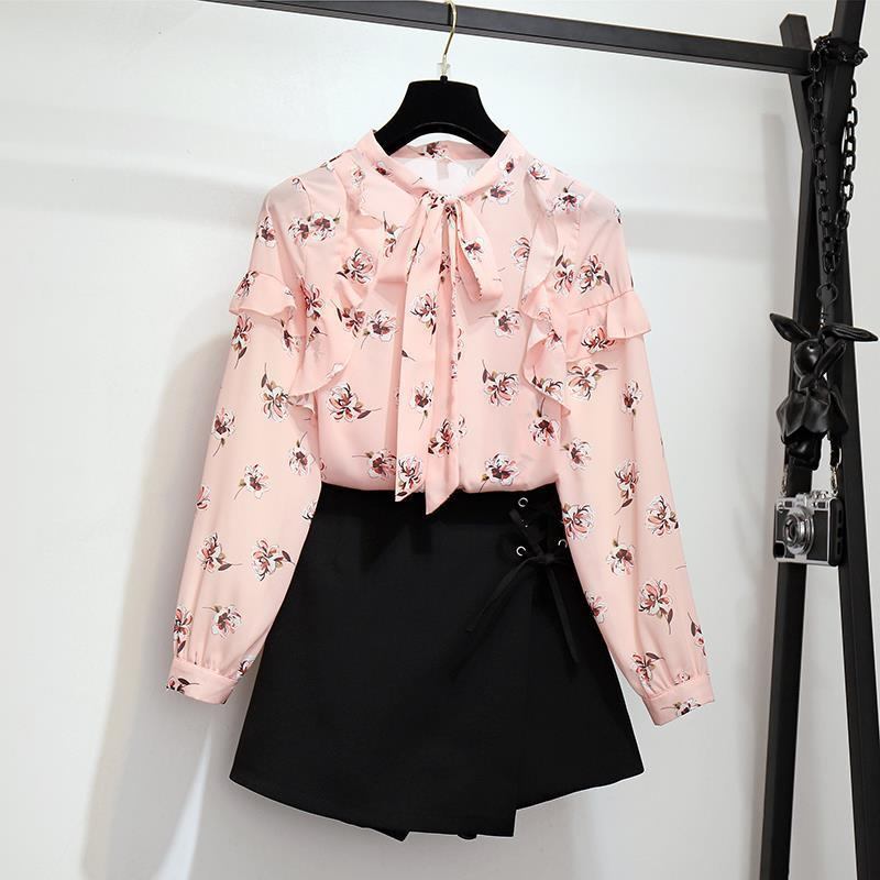 New Spring Autumn Women Sweet 2 Piece Girls Floral Print Blouse Tops And Mini Skirt Suits Female Fresh Chiffon Sets F10 T200325