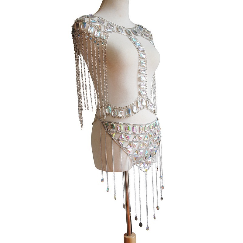 Classic Tassels Style Ladies Sequin Acrylic Shoulder Chain Necklace Promotion Fashion Sexy Beach Belly Body Chain Set Jewelry T200508