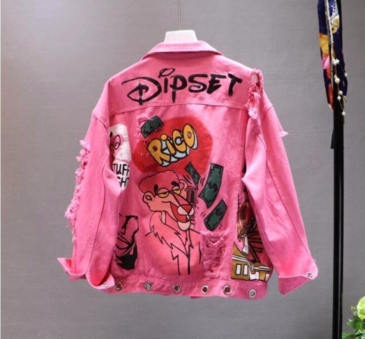 Red Yellow Jeans Jacket New Spring Autumn Women's Graffiti Alphabet Printing Lace Bow Pin Hole Denim Jacket Student Basic Coat T200212
