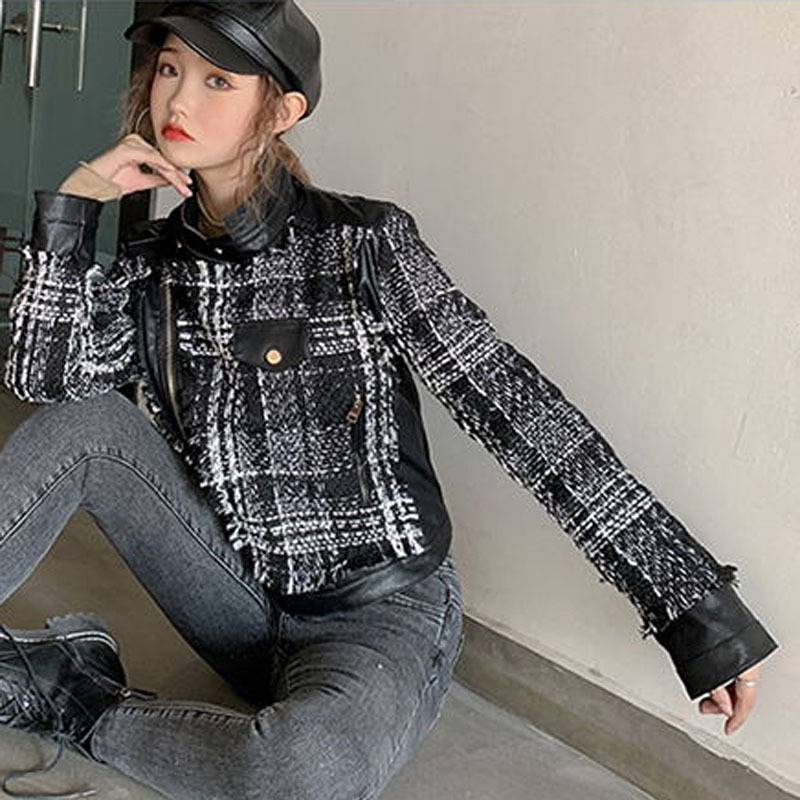 Small winter sweet wind fashion stitching lattice tweed PU leather brief paragraph coat dress 201030