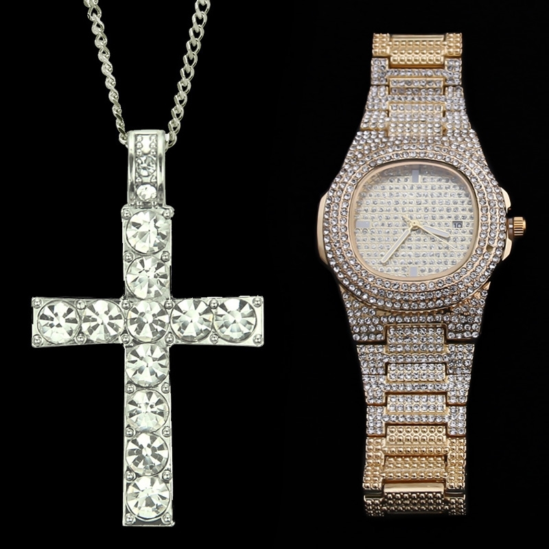 Hip Hop Watch & Necklace Combo Set Luxury Gold Color Stainless Steel Necklaces Chain Ice Out Cuban Watches For Men Jewerly 2019 Y1220
Hip Hop Watch & Necklace Combo Set Luxury Gold Color Stainless Steel Necklaces Chain Ice Out Cuban Watches For Men Jewerly 2019 Y1220