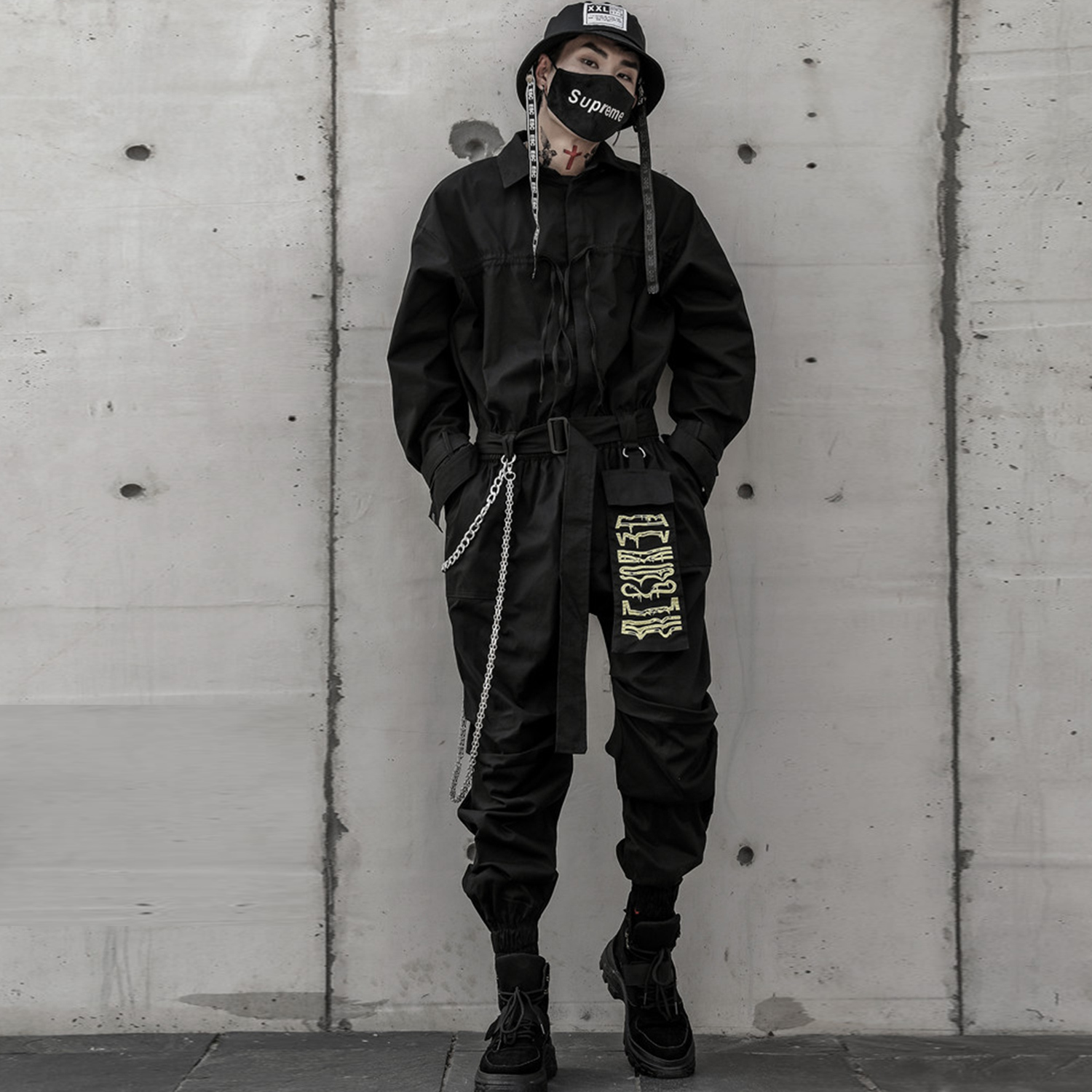 Hip Hop Streetwear Jumpsuits Men Ribbon Embroidered Cargo Pants Long Sleeve Rompers Joggers Techwear Men LJ201217