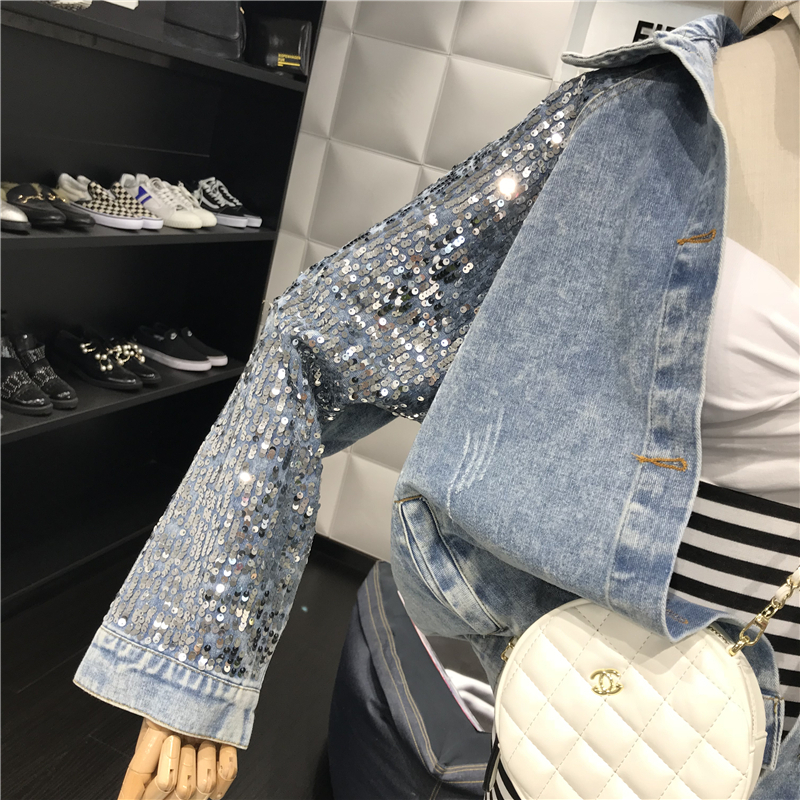 CHICEVER Korean Patcheork Sequined Denim Jacket For Women Lapel Collar Long Sleeve Oversize Loose Hole Coats Female Clothes 201029