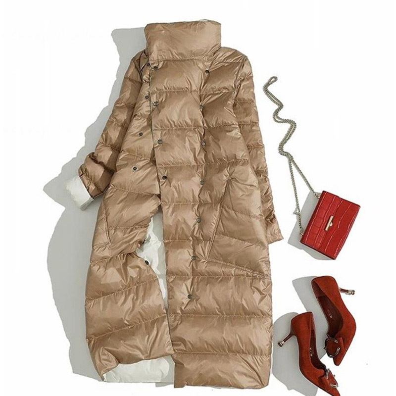 FTLZZ Plus Size 3XL Women Double Sided Down Long Jacket White Duck Down Coat Winter Double Breasted Warm Parkas Snow Outwear 201214