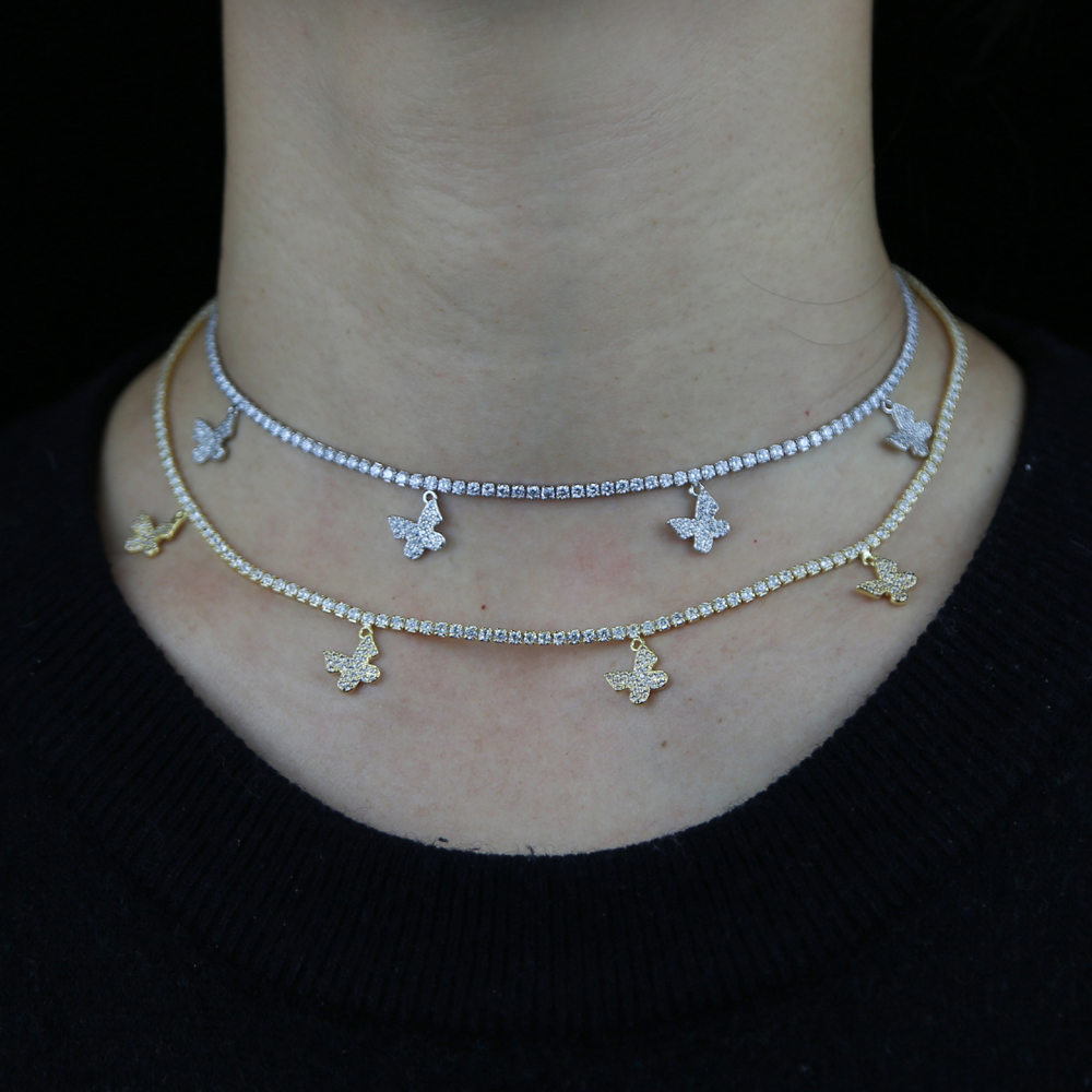 High Quality 2mm Thin CZ Tennis Chain Micro Pave 5A Cubic Zirconia Butterfly Charm Pendant Lovely Animal Women Necklace Jewelry