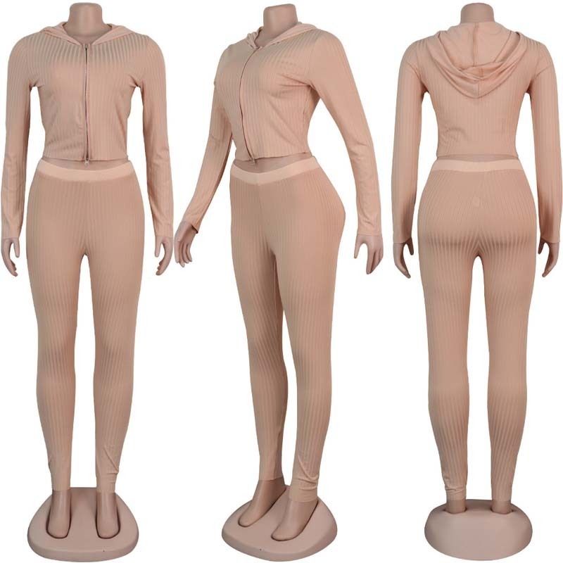 Women Autumn 2 Piece Set Sweater hooded zipper crop toppencil Pants Knitted Suit Knit Set Women Sexy club Two Piece Set Outfit T200821