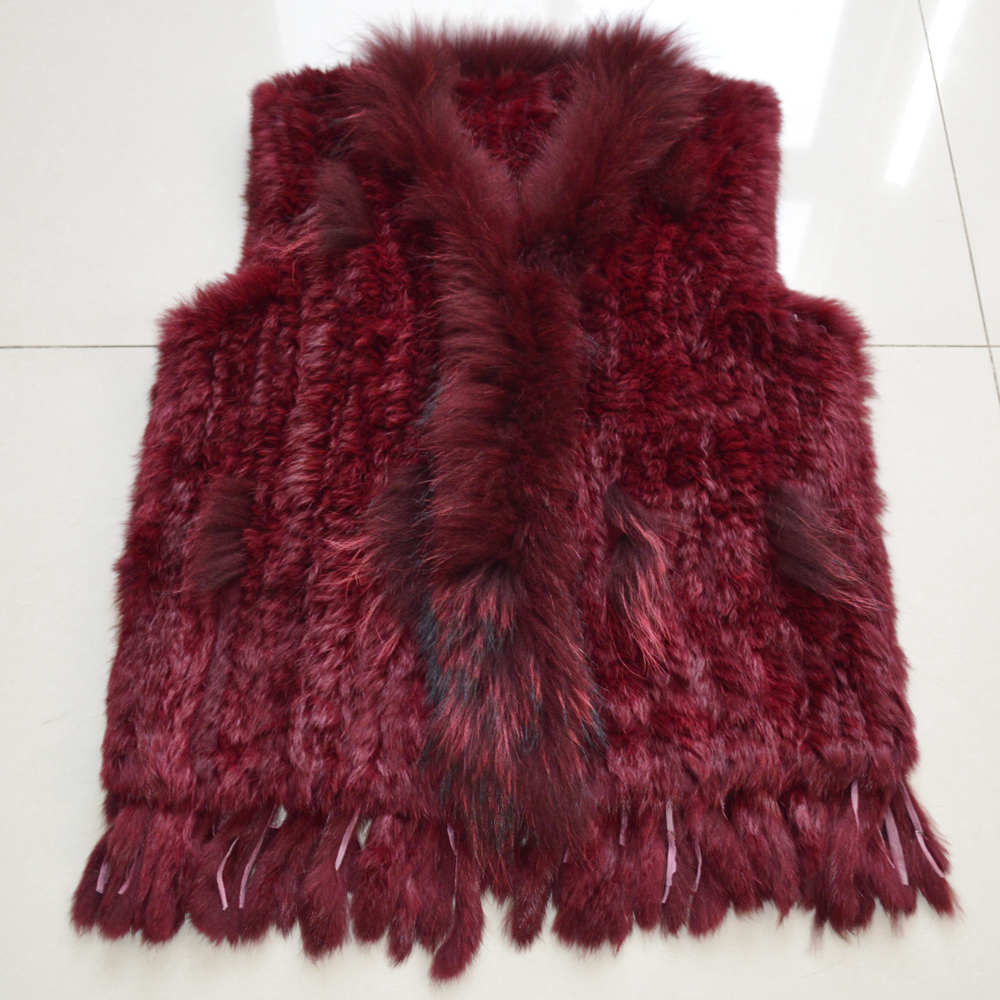 Women Real Rabbit Fur Vest Knitted Tassels Quality Real Genuine Rabbit Fur Gilet Real Raccoon Fur Collar Waistcoat 201016