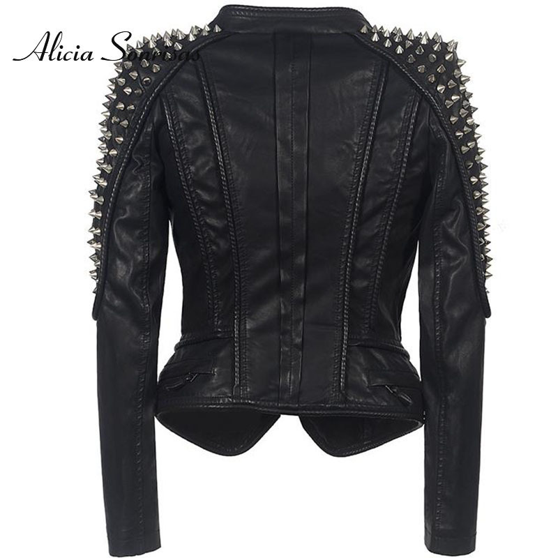 Women Leather Jacket New Spikes Stars Slim Bi-metal Silver Rivet Metallic Jacket PU Punk Biker Leather Coats SX01 Y201006