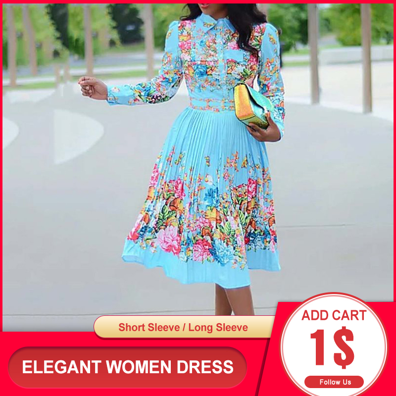 Fall Long Sleeve Women Pleated Floral Print Dress 2020 Elegant Female Plus Size African Office Ladies Vintage Midi Dress Retro J1215