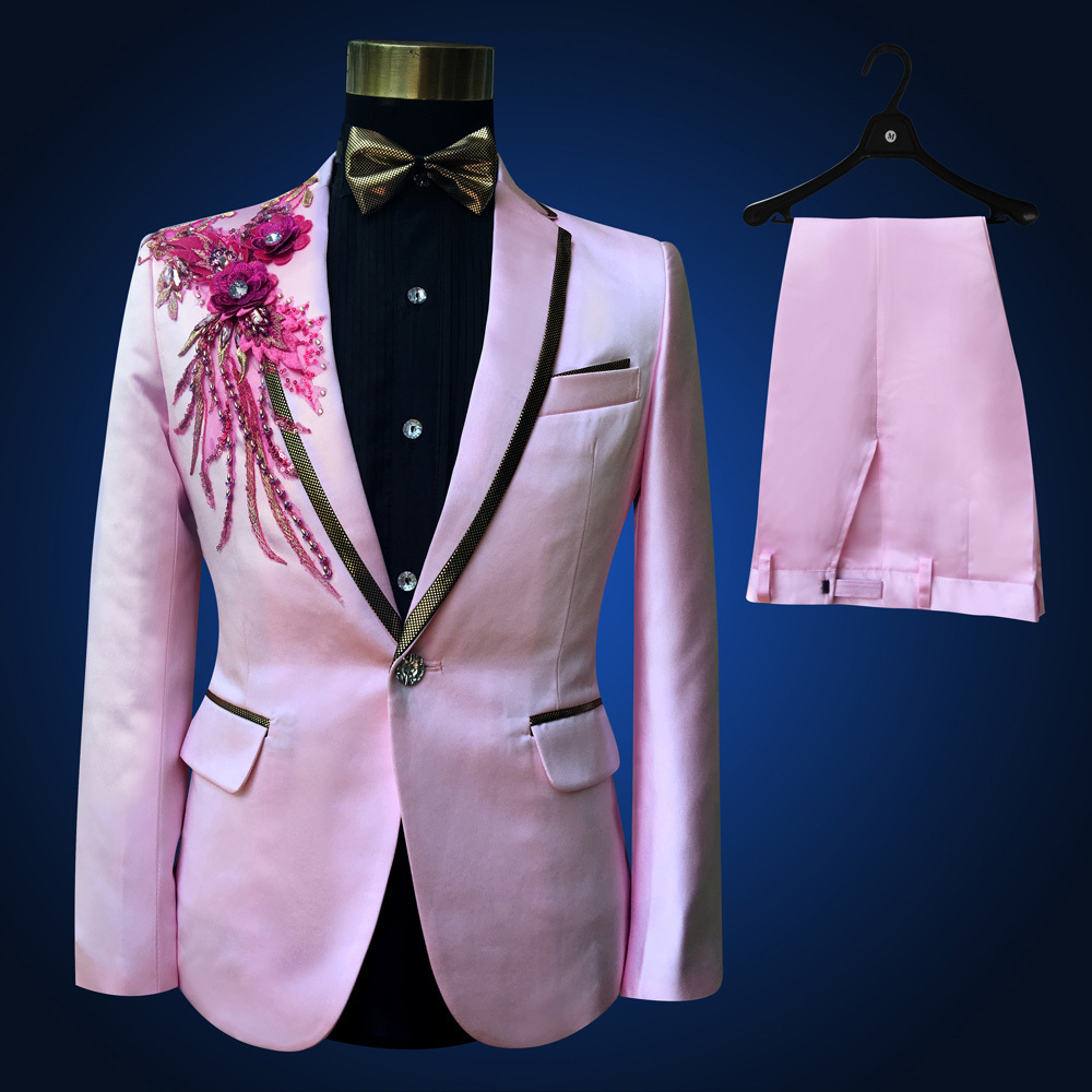 Pink Tuxedo Jacket +pant Beads Suit Mens Stage Wearmens Tuxedos Wedding Plus Size 4XL Pink Royal Blue White Black Red Groom Suit T200303
