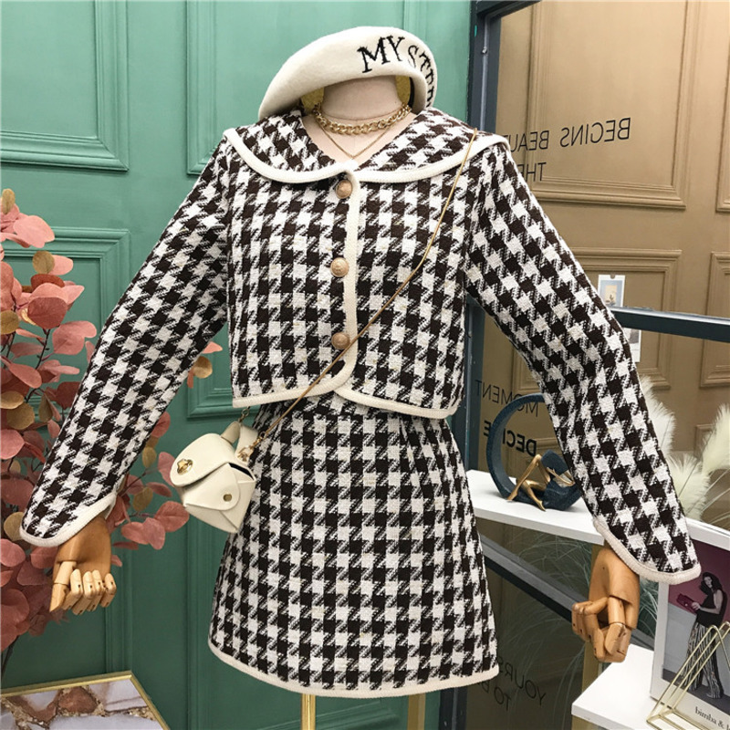New Autumn Houndstooth Vintage Two Piece Set Women Crop Top Short Tweed Jacket Coat + Mini Bodycon Skirt Sets Ladies Suits 201124