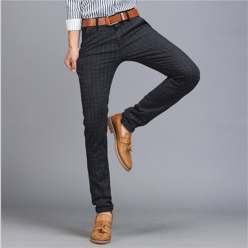 Cotton Linen Slim Fit Formal Plaid Suit Men Skinny Work Pants Office Wear Mens Dress Trousers Khaki Black Grey Blue Y201026