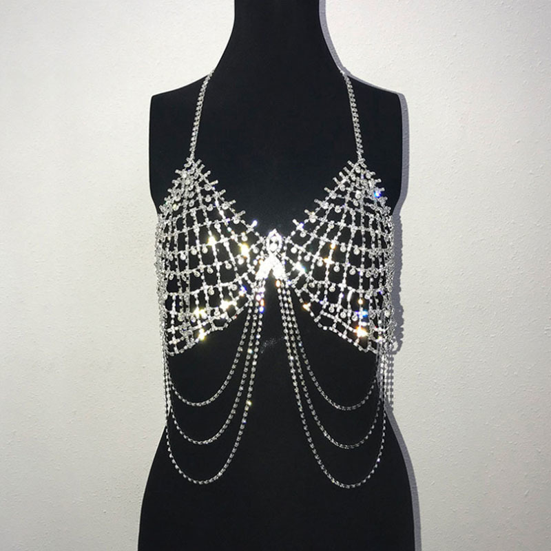 Stonefans Sexy Hollow Rhinestone Bra Top Dance Jewelry for Women Tassel Body Chain Chest Crystal Bralette Underwear Necklace T200508