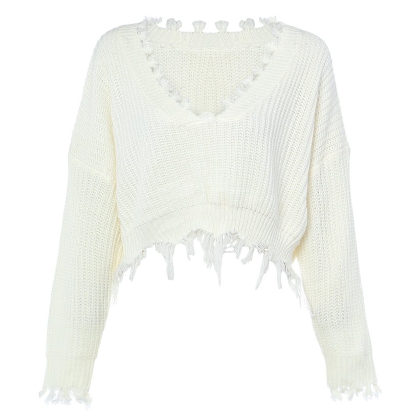 Knitted Sweater for Women Spring Autumn Ripped V Neck Loose Sweater Pullovers Oversized Ladies Tassel Tops White Black 201222