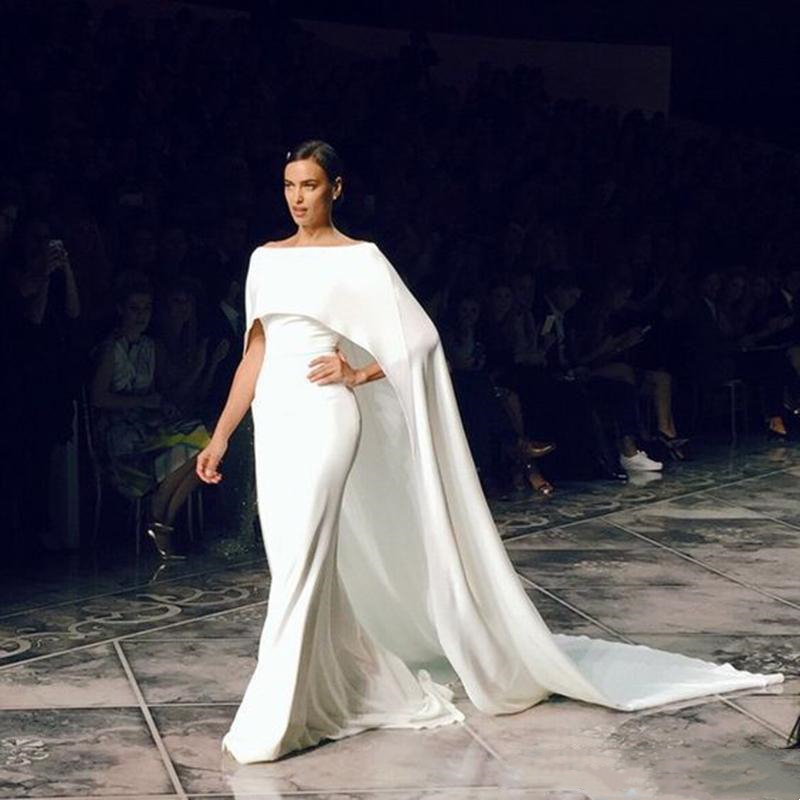 Simple Long Train Mermaid Wedding Dresses Bateau Neck Cape Sleeve Wrap White Satin Bridal Wedding Gowns Reception Dress For Bride Custom Made Vestidos