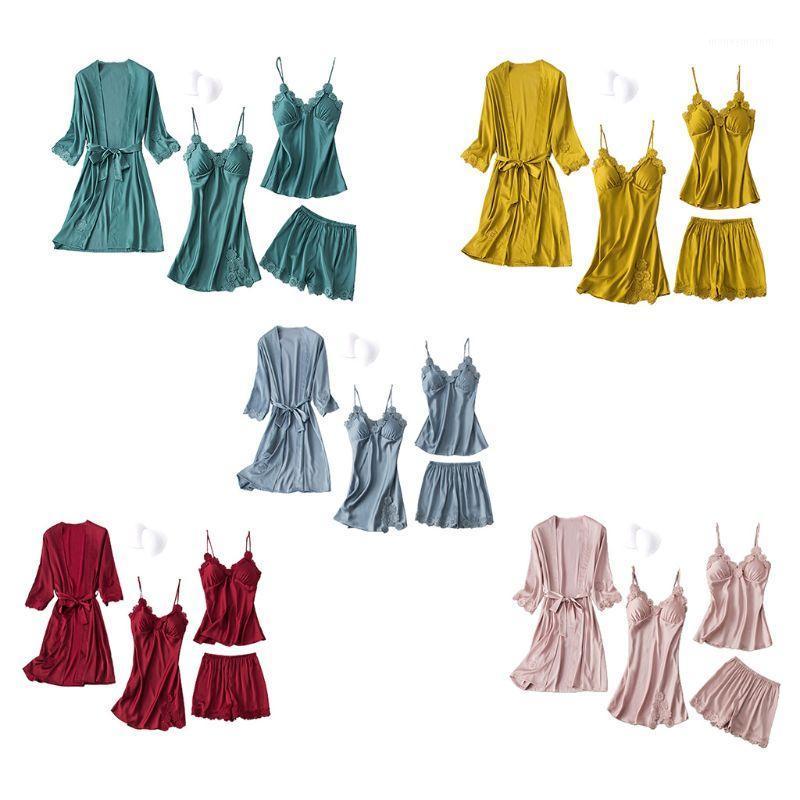 Women Silky 4Pcs Pajamas Sexy Cami Top Shorts Nightgown Robe Set Lace Embroidery Solid Lingerie Sleepwear with Chest Pad1, Wr
Women Silky 4Pcs Pajamas Sexy Cami Top Shorts Nightgown Robe Set Lace Embroidery Solid Lingerie Sleepwear with Chest Pad1, Wr