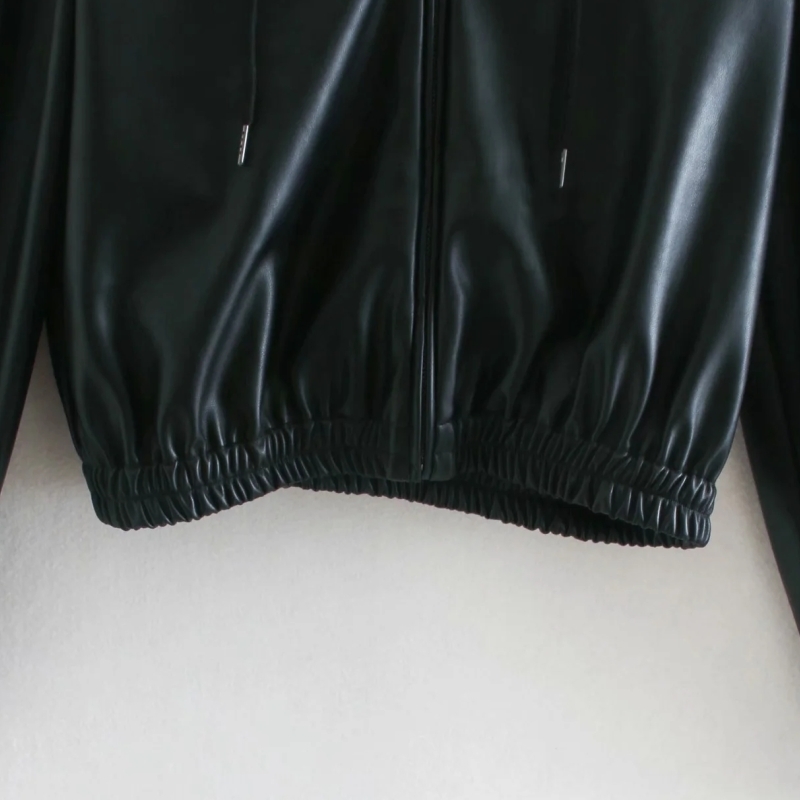 Women Shoulder Pads PU Leather Hoodie Short Coat Female Long Sleeve Outerwear Casual Lady Loose Tops C992 201029