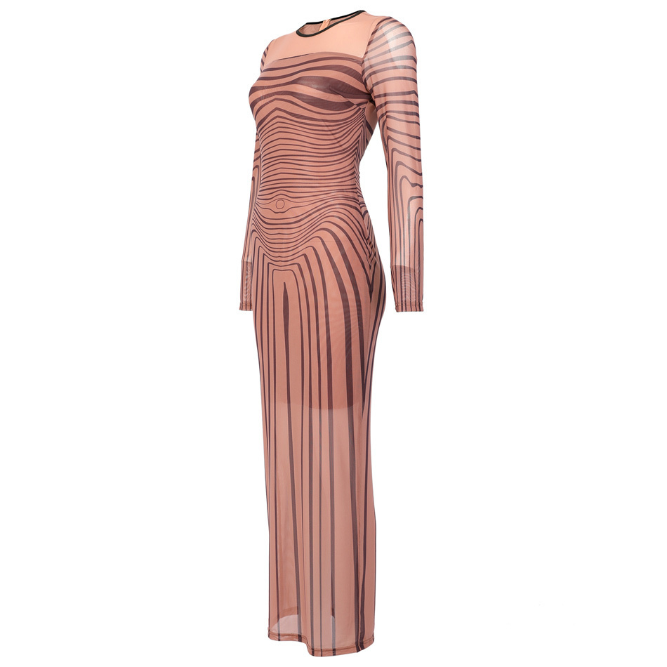 Mysterious Kim Kardashian Sinuous Stripe Print Sexy Dress Sheer Mesh Long Sleeve Back Slit Maxi Bodycon Dress For Women Vestidos LJ201204