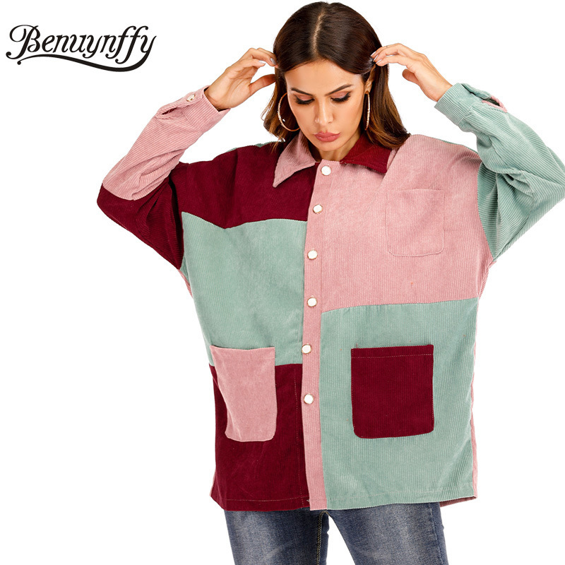 Benuynffy Mixed Pocket Front Color Block Women Corduroy Jacket Autumn Casual Lapel Single Breasted Coat Outerwear Tops Female 201017